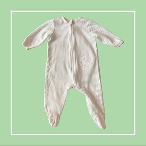 Powder Light Pink Ribbed Embroidered Teddy Bear Footed Zipper Pajama—6m